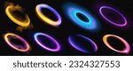 Realistic set of round light flares isolated on transparent background. Vector illustration of neon color glowing circles with smoke, sparkling particles, explosion, halo effect. Radial energy vortex