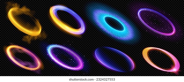 Realistic set of round light flares isolated on transparent background. Vector illustration of neon color glowing circles with smoke, sparkling particles, explosion, halo effect. Radial energy vortex
