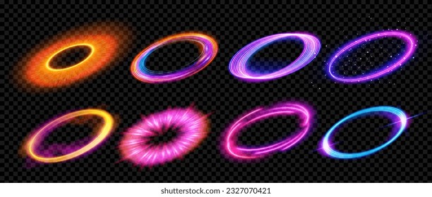 Realistic set of round light flares isolated on transparent background. Vector illustration of neon color glowing circles with smoke, sparkling particles, explosion, halo effect. Radial energy vortex