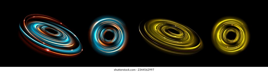 Realistic set of round neon color light flares on black background. Vector illustration of yellow and turquoise circular spiral swirls with glowing particles, halo effect, iridescent energy vortex