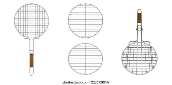 Realistisches Set aus runden Stahlgittern mit Holzgriff zum Kochen von gegrilltem Fleisch und Gemüse einzeln auf weißem Hintergrund. Vektorgrafik von Gitterleuten für Picknick im Freien, Familienfeier