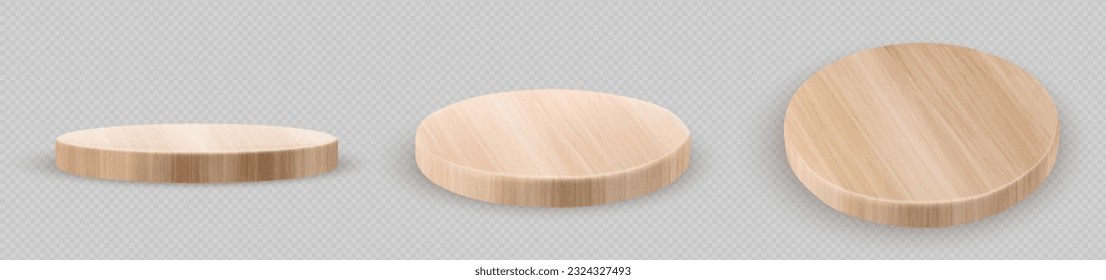 Realistic set of round wooden boards isolated on transparent background. Vector illustration of natural oak, pine, poplar circle wood platform top and side view. Podium for product show. Design sample