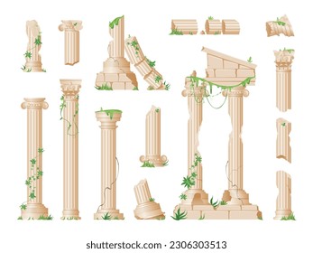 Realistic set of ruined ancient marble columns with climbing green ivy leaves isolated vector illustration