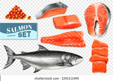 Realistic set of salmon fish steaks and caviar isolated on transparent background vector illustration