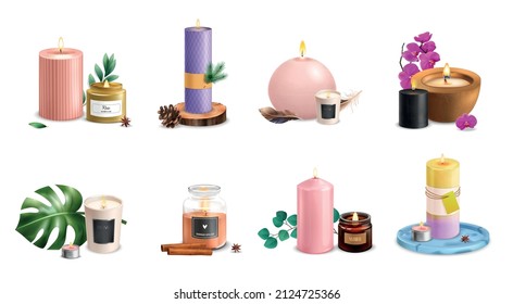 Realistic set with scented candles of various size shape and color with green leaves cinnamon sticks anise pine cone flowers isolated vector illustration