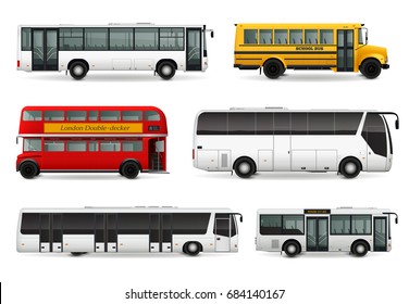 Realistic set with school bus modern urban and touristic transport london double decker vehicle isolated vector illustration