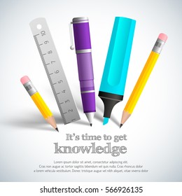 Realistic set of school stationery composition for lesson and headline its time to get knowledge vector illustration