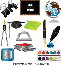 Realistic set of school supplies isolated vector. Blackboard, compass, watercolors, post-it, notebook, graduation cap, pen, guide, nib. 