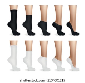 Conjunto realista de patas hembras de forma en calcetines blancos y negros de diferentes tipos ilustraciones vectoriales aisladas