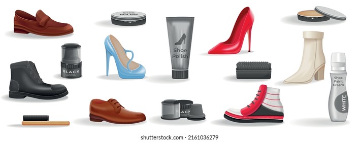 Realistic set of shoe care products tools and various kinds of male and female footwear isolated vector illustration