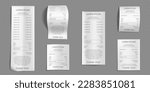 Realistic set of shop receipts isolated on transparent background. Vector illustration of cash paper bill, purchase invoice. Supermarket shopping check with prices, total cost