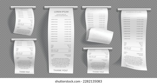 Realistische Menge an Ladeneinnahmen einzeln auf transparentem Hintergrund. Vektorgrafik von Geldschein, Kaufrechnung ausrutschen aus Geldautomat. Supermarkt-Shopping-Check mit Preisen, Gesamtkosten