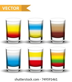 Realistic set  shots cocktails. 3d Shot with drinks for bars, restaurans collection. Glass cup liqueur. Isolated on white background. Vector illustration