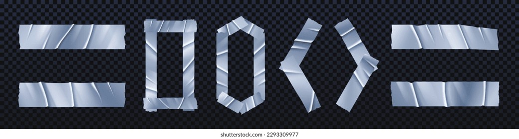 Realistic set of silver adhesive tape pieces isolated on transparent background. Vector illustration of gray scotch strips with wrinkled glossy surface. Material for fixing, packaging, fastening