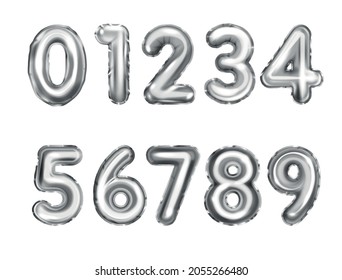Realistic set with silver helium balloons in shape of numbers from 0 to 9 for holiday birthday wedding isolated vector illustration