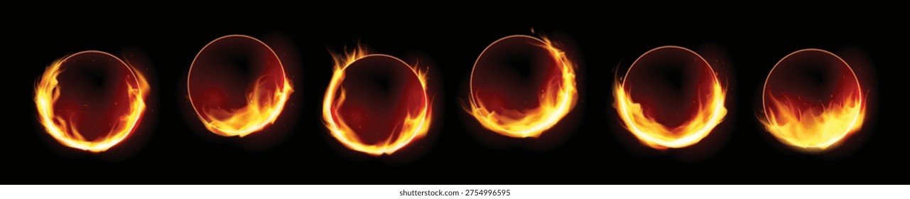 Realistic set of six fire burning round frames isolated on blank background vector illustration