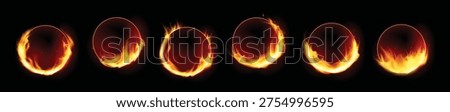 Realistic set of six fire burning round frames isolated on blank background vector illustration