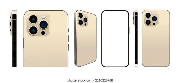 Realistic set of smartphone gold color layouts isolated on a white background. Vector illustration