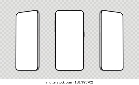 Realistic set smartphones at different angles mockup. Cellphone with blank display. Mobile phone 3d - stock vector.