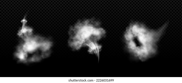 Realistic set of smoke clouds after quick start, jump or rocket launch. Foggy trail vector illustration isolated on transparent background. Dynamic effect of runaway, escape, takeoff or explosion