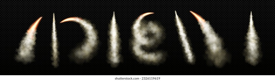 Realistic set of smoke and fire trails isolated on transparent background. Vector illustration of curvy condensation lines left by aircraft, missile launch, rocket flight. Airplane speed effect