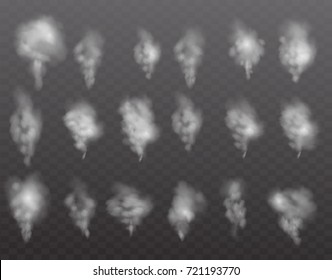 Realistic set smoke, steam on transparent background. Vector illustration 