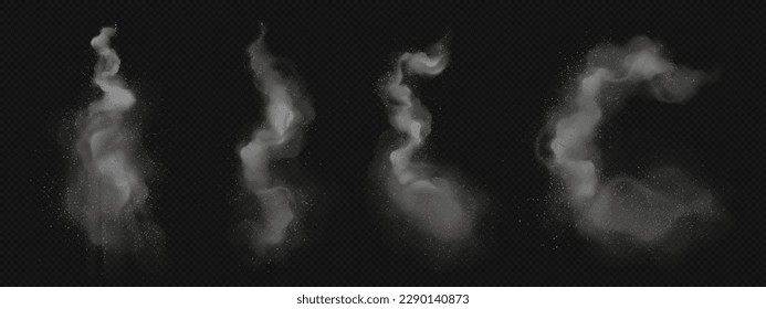 Conjunto realista de senda de humo en el aire aislado en un fondo transparente. Ilustración vectorial de las nubes de cenizas con partículas pequeñas que vuelan alrededor. Cola de movimiento rápido abandonada por aeronaves o cohetes en el cielo