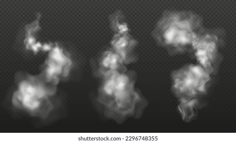 Realistic set of smoke trails in the air isolated on transparent background. Vector illustration of ash clouds.Trace from the plane or exhaust from the pipe