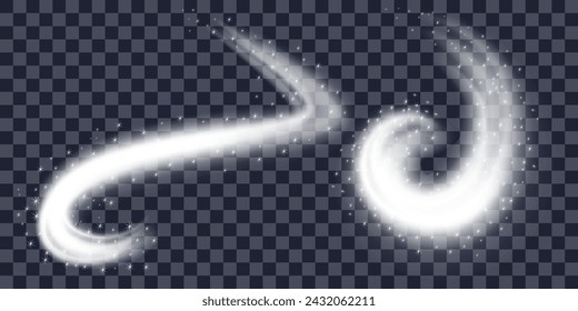 Realistic set of snow air flows. Cold wind, snow swirl. Realistic 3d vector illustration isolated on transparent background.