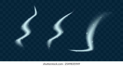 Realistische Schneeluftströme. Schneeluftstrom mit fliegenden Schneeflocken.  Kalter Wind, Schneewirbel. Realistische 3D-Vektorgrafik einzeln auf transparentem Hintergrund.