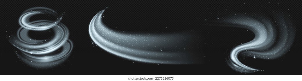 Realistic set of snow storm or wind swirls isolated on transparent background. Vector illustration of white spiral, wave, curve vortex effect. Symbol of fresh air, blizzard, magic power speed, tornado