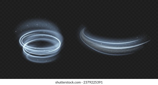 Conjunto realista de tormenta de nieve o torbellinos de viento aislados en un fondo transparente. Ilustración vectorial de la espiral blanca, onda, efecto vorágine de curva. Símbolo de aire fresco, ventisca, velocidad mágica de potencia, tornado