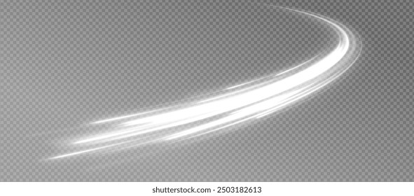 Realistic set of snow storm or wind swirls isolated on transparent background.  Dynamic white lines with glow effect.