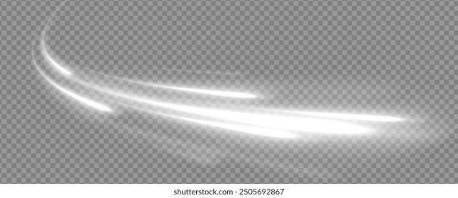 Realistic set of snow storm or wind swirls isolated on transparent background.  Dynamic white lines with glow effect.