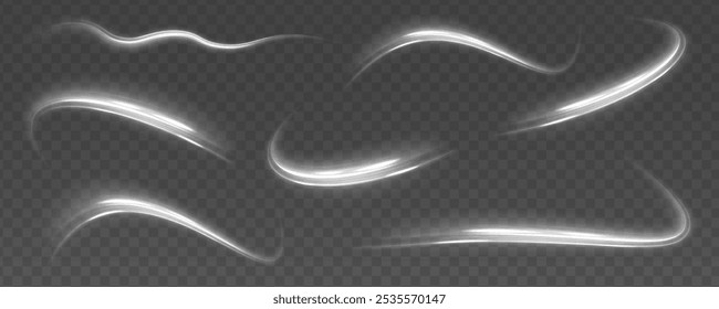 Realistic set of snow storm or wind swirls isolated on transparent background. Set of light trail lines, fire trail waves and glow curve curls. Light white Twirl. Curve light effect of white line.	