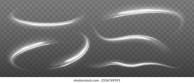 Realistic set of snow storm or wind swirls isolated on transparent background. Set of light trail lines, fire trail waves and glow curve curls. Light white Twirl. Curve light effect of white line.	