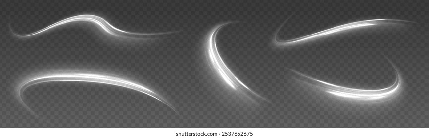 Realistic set of snow storm or wind swirls isolated on transparent background. Set of light trail lines, fire trail waves and glow curve curls. Light white Twirl. Curve light effect of white line.	