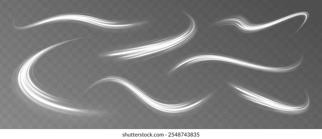 Realistic set of snow storm or wind swirls isolated on transparent background. Set of light trail lines, fire trail waves and glow curve curls. Light white Twirl. Curve light effect of white line.	