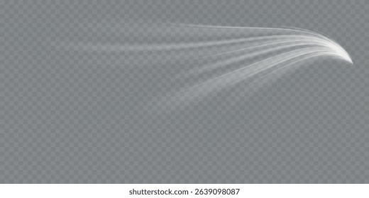 Realistic set of snow storm or wind swirls isolated on transparent background. Dynamic white lines with glow effect.