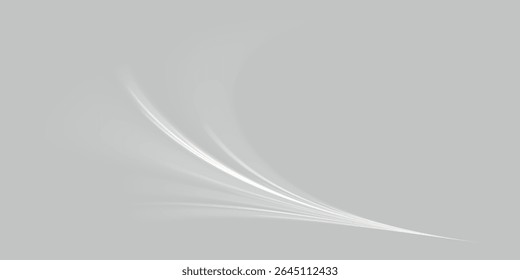 Realistic set of snow storm or wind swirls isolated on transparent background. Dynamic white lines with glow effect.