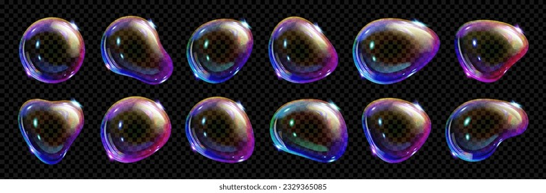 Realistic set of soap bubbles isolated on transparent background. Vector illustration of iridescent water balls with glossy rainbow color surface, laundry foam, symbol of freedom and childhood fun