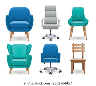 Realistic set of soft and wooden chairs and armchairs isolated on white background vector illustration