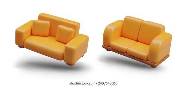Realistic set with soft yellow sofa with pillows and without. Modern furniture for relax at home. Furniture, interior object, stylish sofa. Vector illustration in 3d style