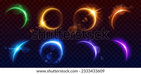 Realistic set of solar eclipse overlay effect on transparent background. Vector illustration of neon blue, yellow, green, purple blazing star edge behind planet in dark sky. Space design elements