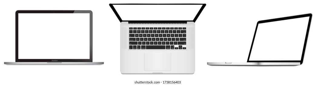 Realistic Set Space Gray Laptop Computer, Top Down View,side View End Mock Up, Keyboard, With An Empty Screen. Set Laptop Isolated On White Background. Vector Illustration EPS 10