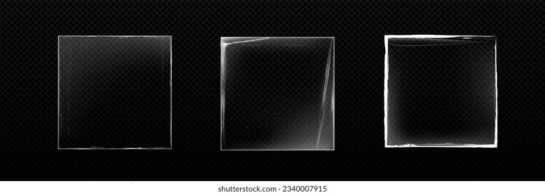 Realistic set of square distressed edge vinyl record covers isolated on transparent background. Vector illustration of vintage paper texture with white scratches, grainy old photo, overlay effect
