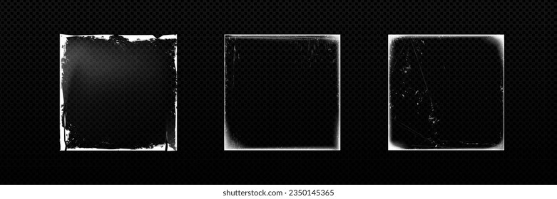 Realistic set of square distressed edge vinyl record covers isolated on transparent background. Vector illustration of vintage paper texture with white scratches, grainy old photo, overlay effect