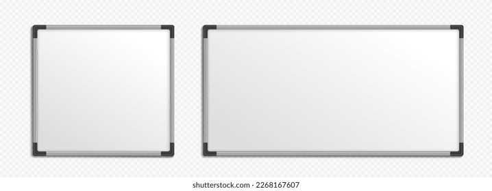 Realistic set of square and rectangle whiteboards isolated on transparent background. Vector illustration of blank board templates for school classes, business presentation, information display