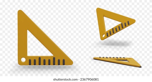 Realistic set square, triangle. Triangular ruler 90 degrees. Equipment for drawing line at right angle. Yellow icon for geometry, mathematics application