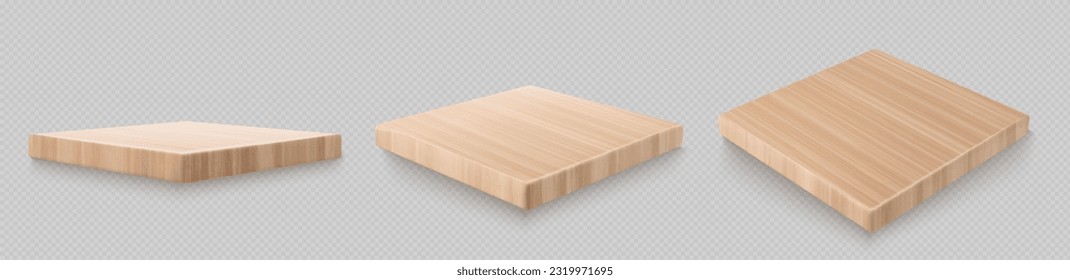 Conjunto realista de tablas cuadradas de madera aisladas en un fondo transparente. Ilustración vectorial de roble natural, pino, plataforma de madera de álamo arriba y vista lateral. Podium para la exposición de productos. Ejemplo de diseño